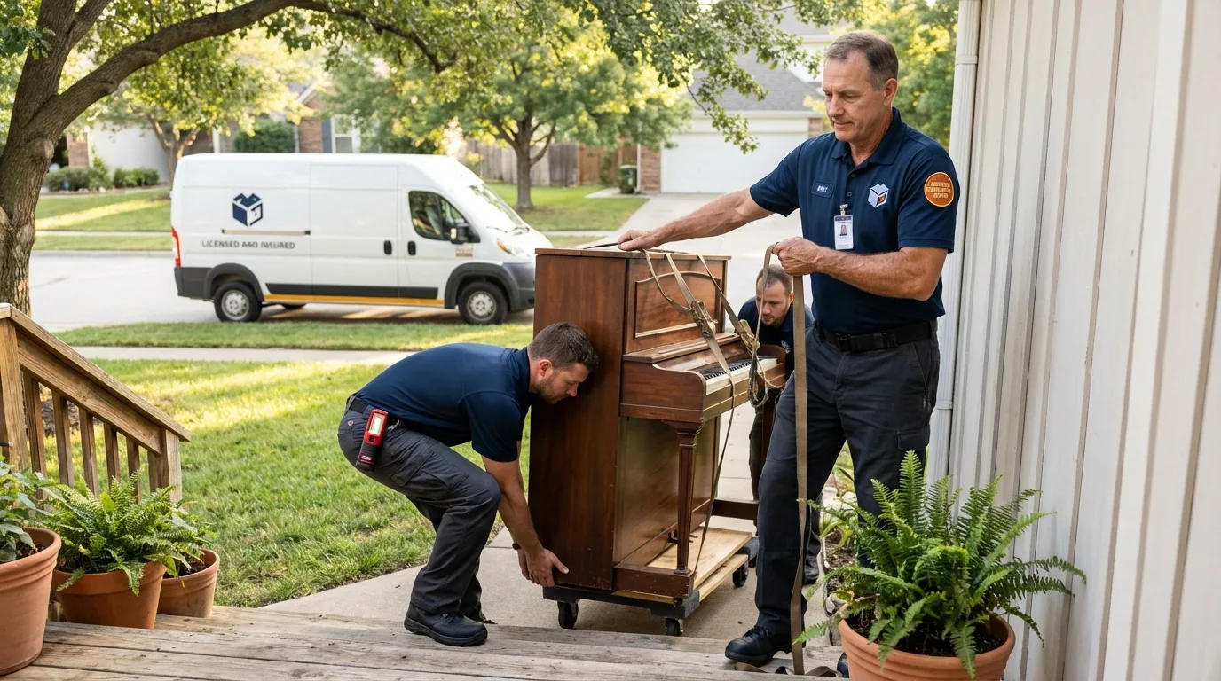 Licensed piano movers securing grand piano in Carl Junction, MO