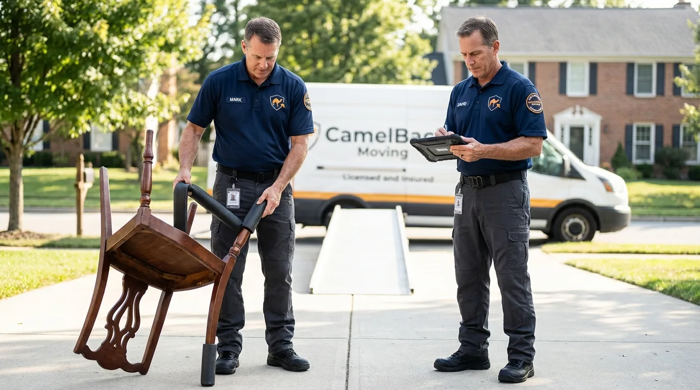 Movers inspecting furniture for damage prevention before loading in Carl Junction, MO